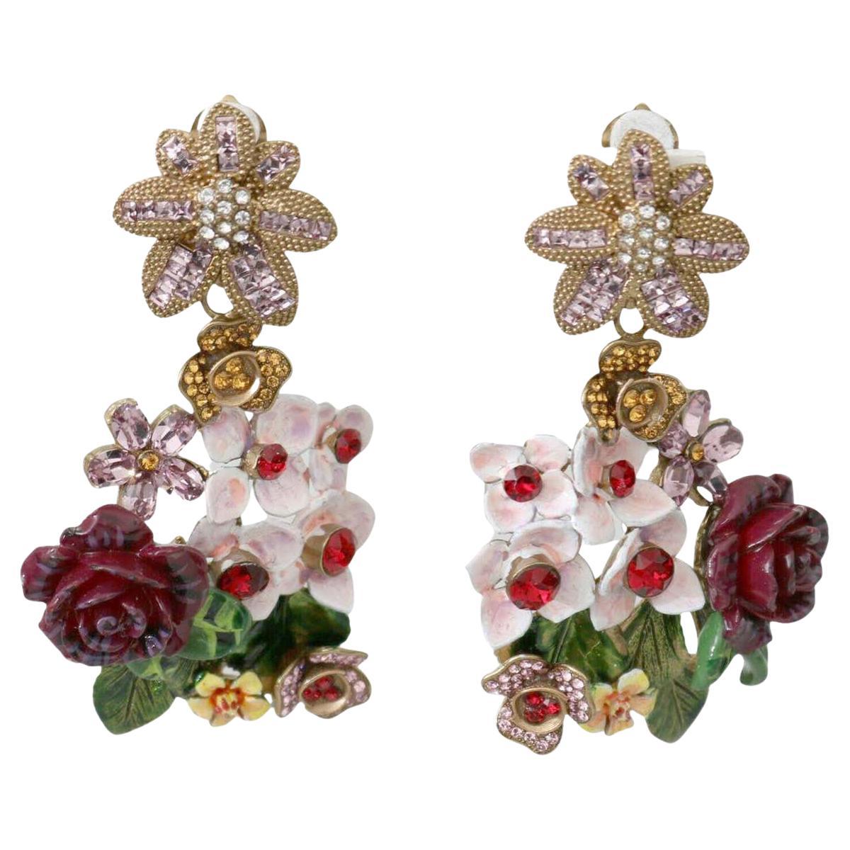 Dolce & Gabbana Multicolor Gold Brass Floral Rose Clip-on Dangle Drop Earrings For Sale