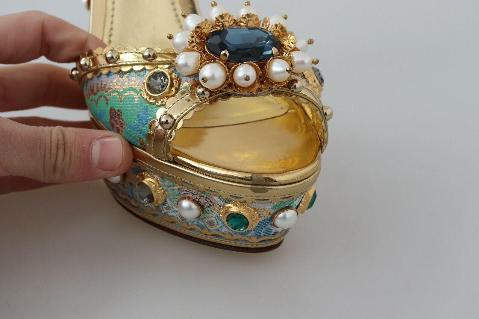 Dolce & Gabbana Multicolor Gold Floral Knöchelriemen Plateausandalen Schuhe mit Absatz 5