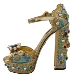 Dolce & Gabbana Multicolor Gold Floral Ankle Strap Platform Sandals Shoes Heels