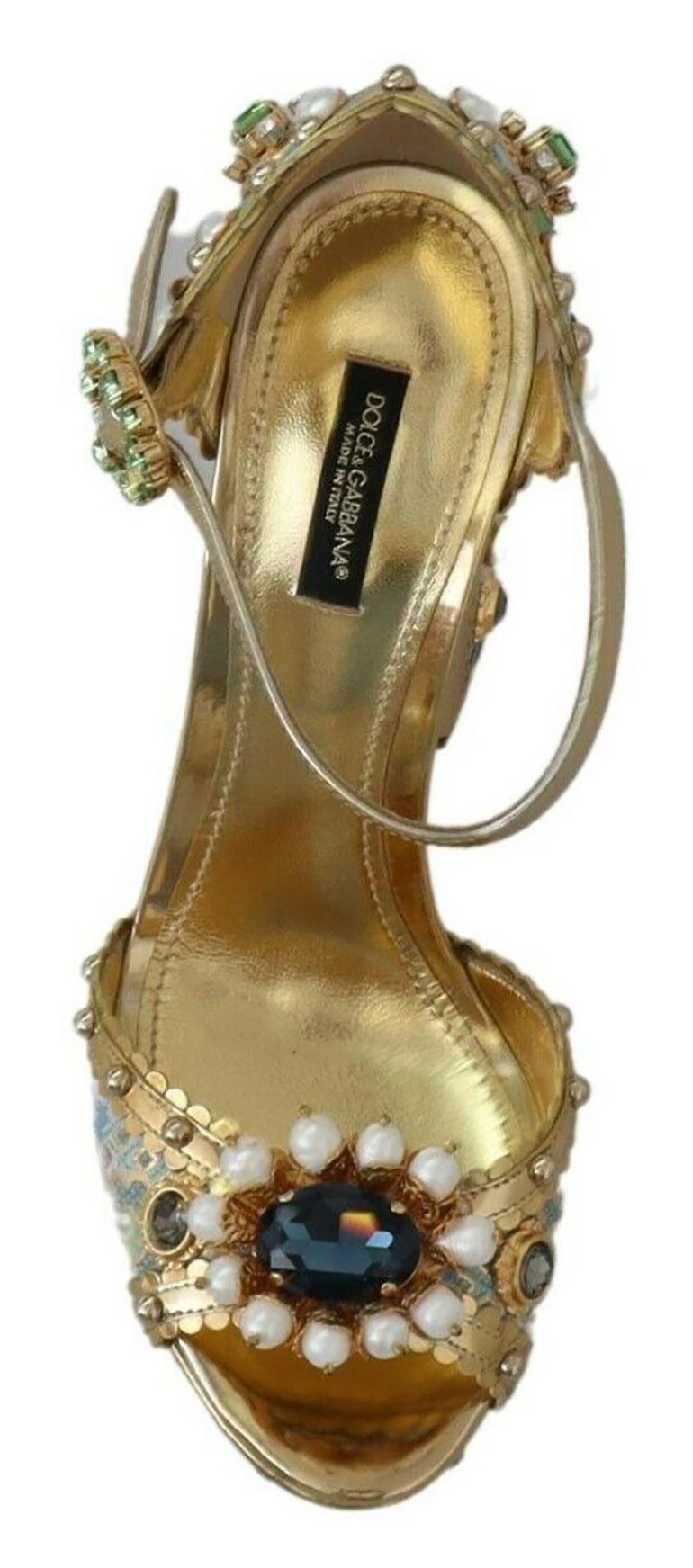 Dolce & Gabbana Multicolor Gold Floral Knöchelriemen Plateausandalen Schuhe mit Absatz im Zustand „Neu“ in WELWYN, GB