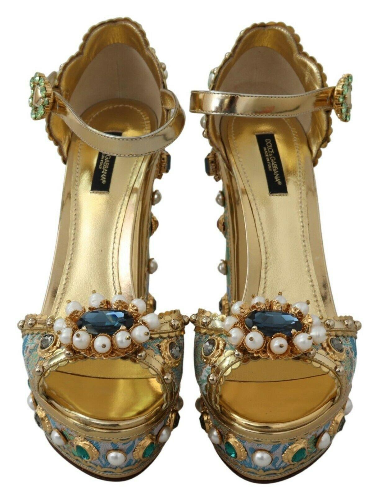 Dolce & Gabbana Multicolor Gold Floral Knöchelriemen Plateausandalen Schuhe mit Absatz 2