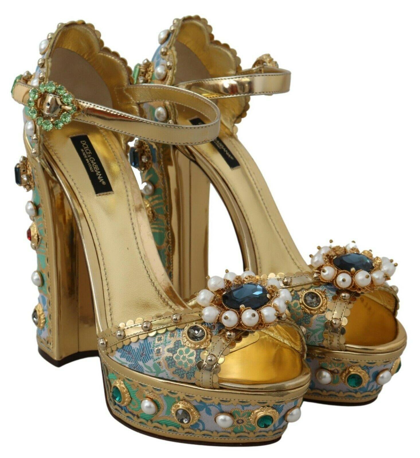 Dolce & Gabbana Multicolor Gold Floral Knöchelriemen Plateausandalen Schuhe mit Absatz 3