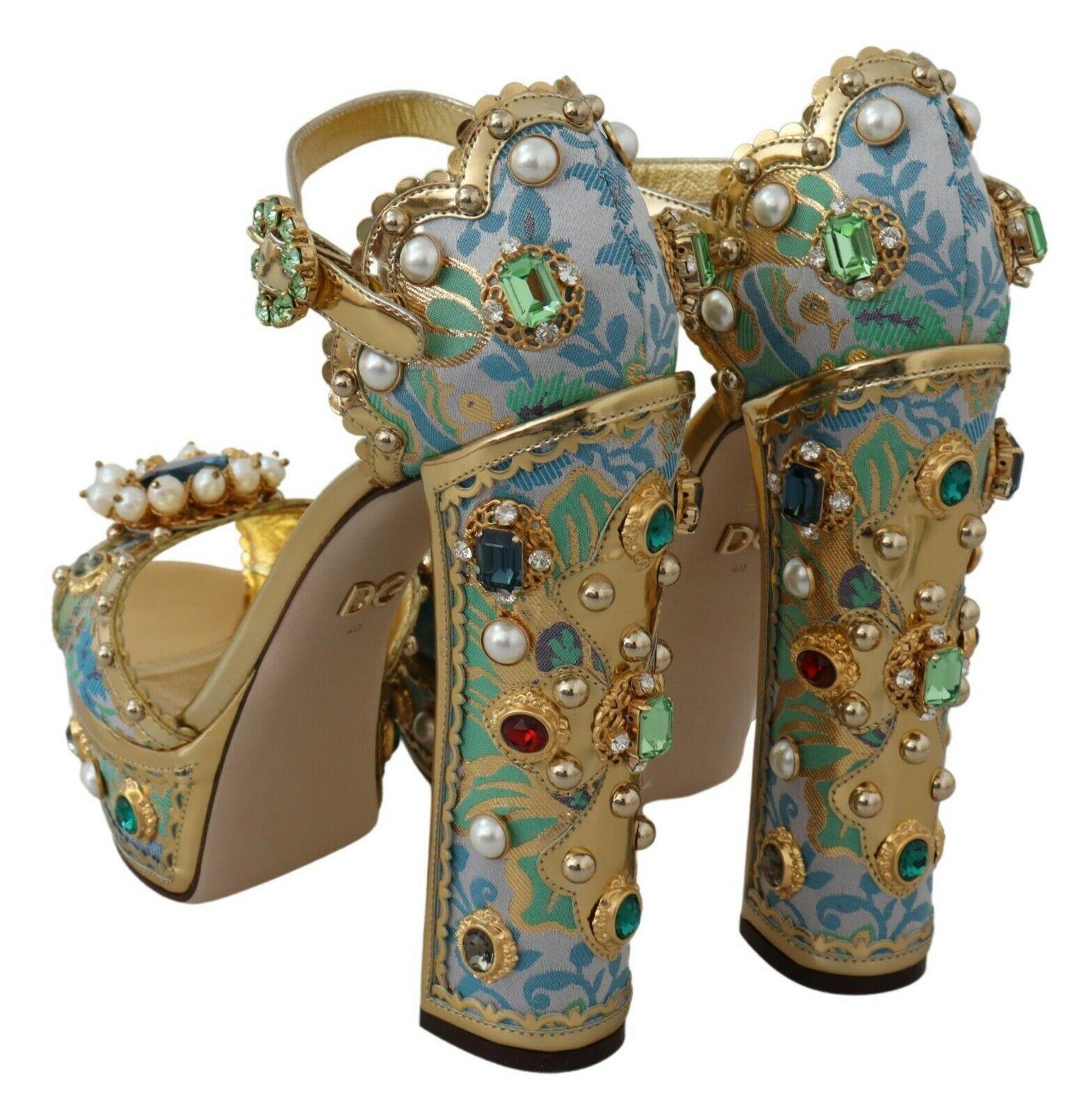Dolce & Gabbana Multicolor Gold Floral Knöchelriemen Plateausandalen Schuhe mit Absatz 4