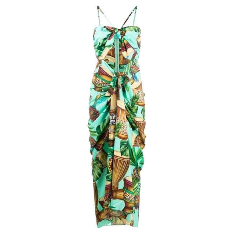 Dolce and Gabbana Multicolor Green Silk Maxi Wrap Dress With Drum Leaves  Print DG For Sale at 1stDibs