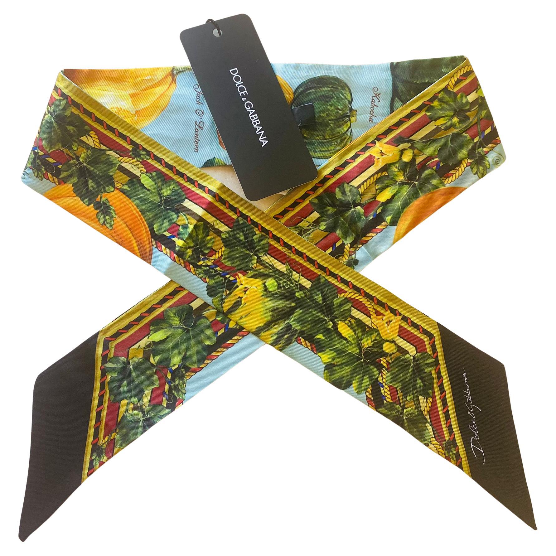 Dolce & Gabbana Multicolor Green Silk Pumpkin Mini Scarf Headscarf Tie Flowers For Sale