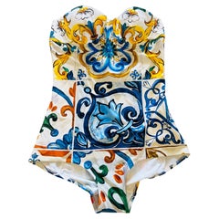 Dolce & Gabbana Multicolor I love Majolica Strapless Swimsuit Swimwear Beachwear