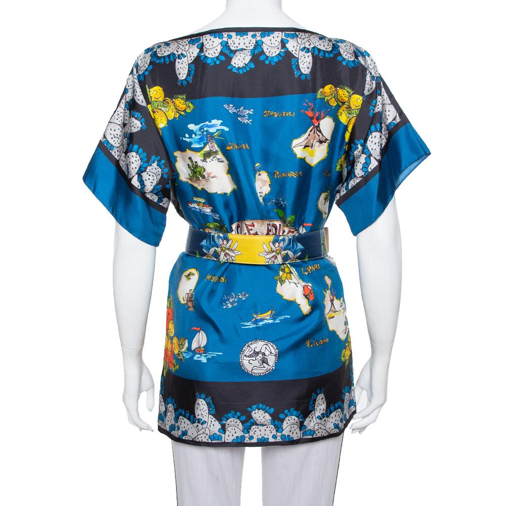 Blu Dolce & Gabbana Top oversize in seta stampata Isole Eolie Multicolore S