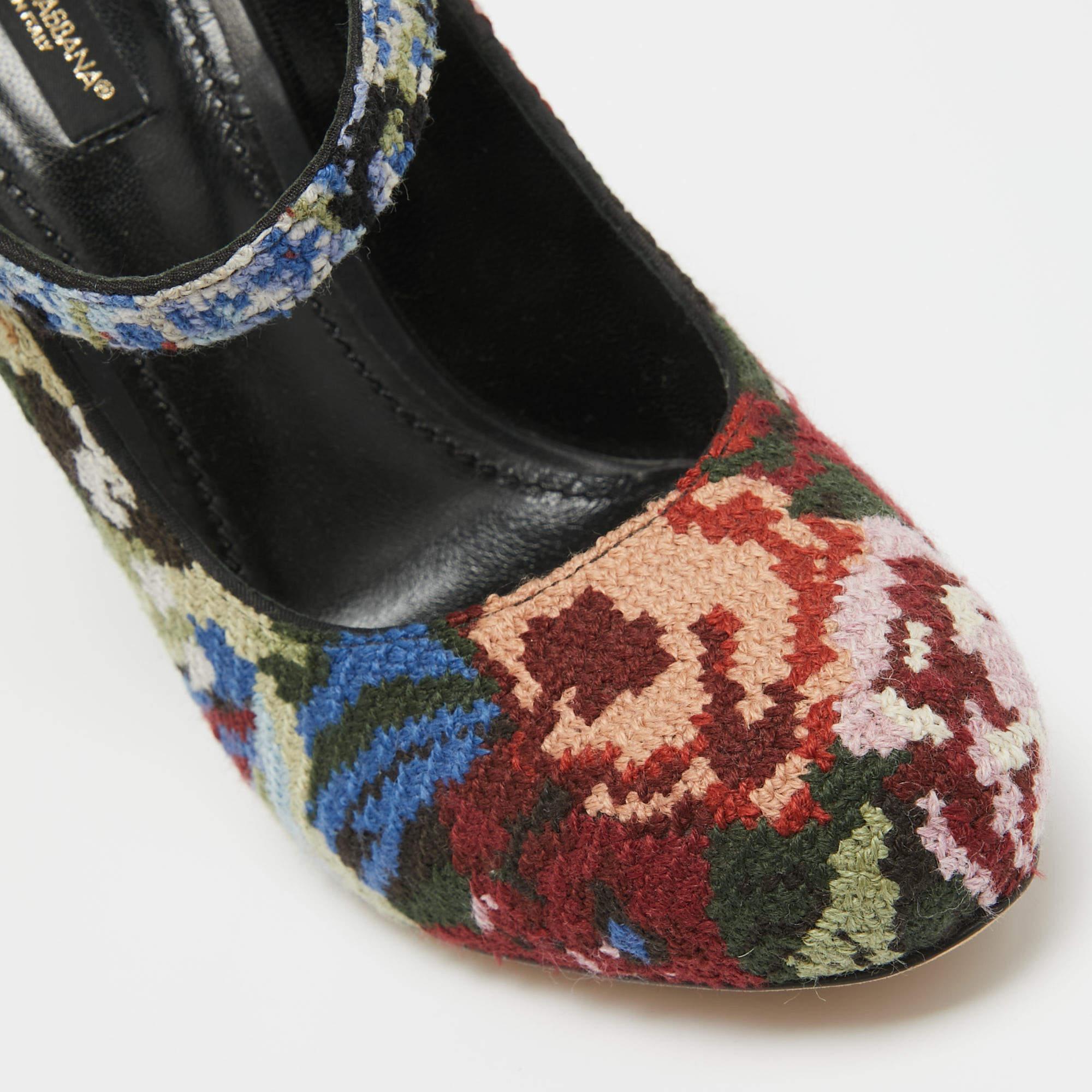 Dolce & Gabbana Multicolor Knit Fabric Floral Print Block Heel Pumps Size 38 For Sale 2