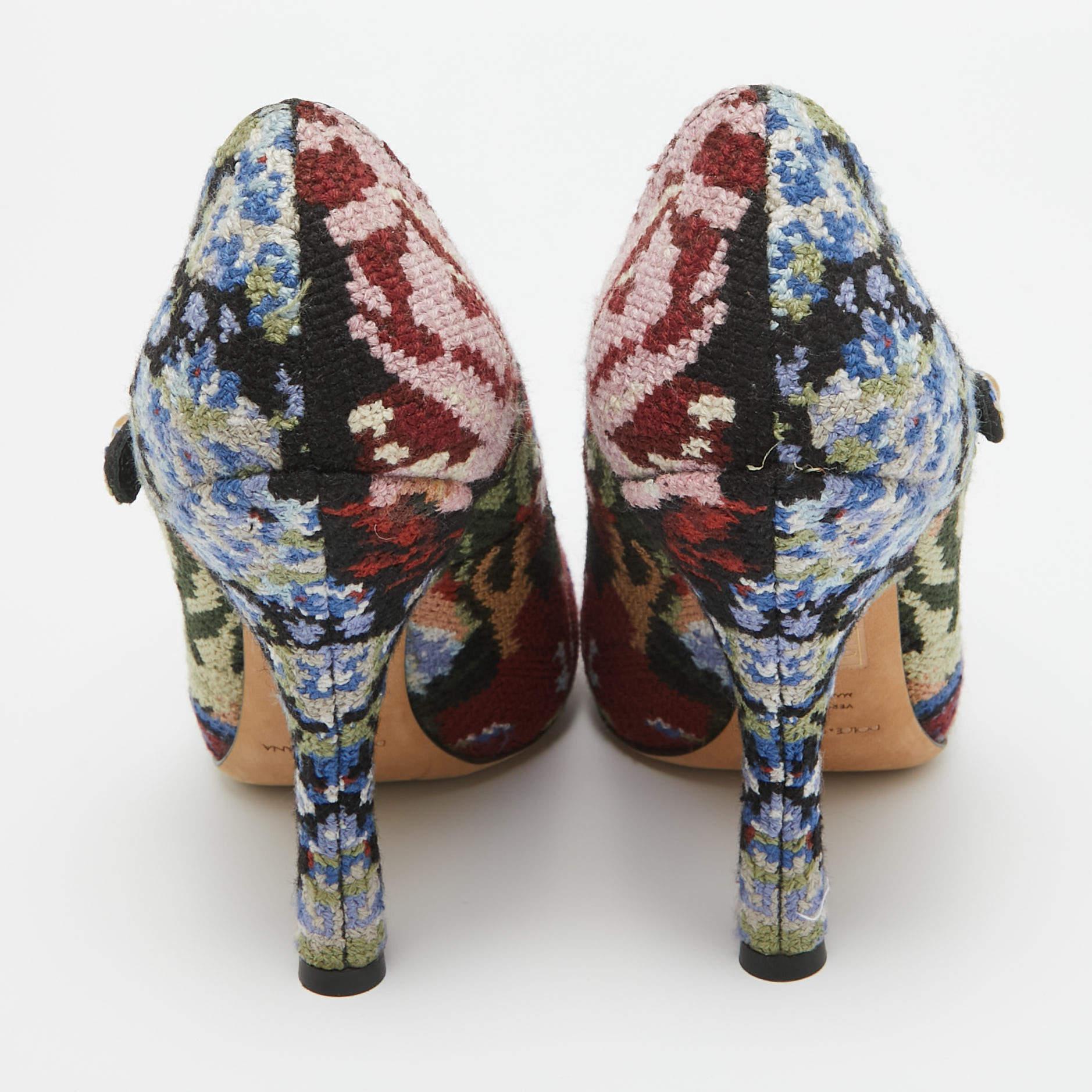 Dolce & Gabbana Multicolor Knit Fabric Floral Print Block Heel Pumps Size 38 For Sale 3