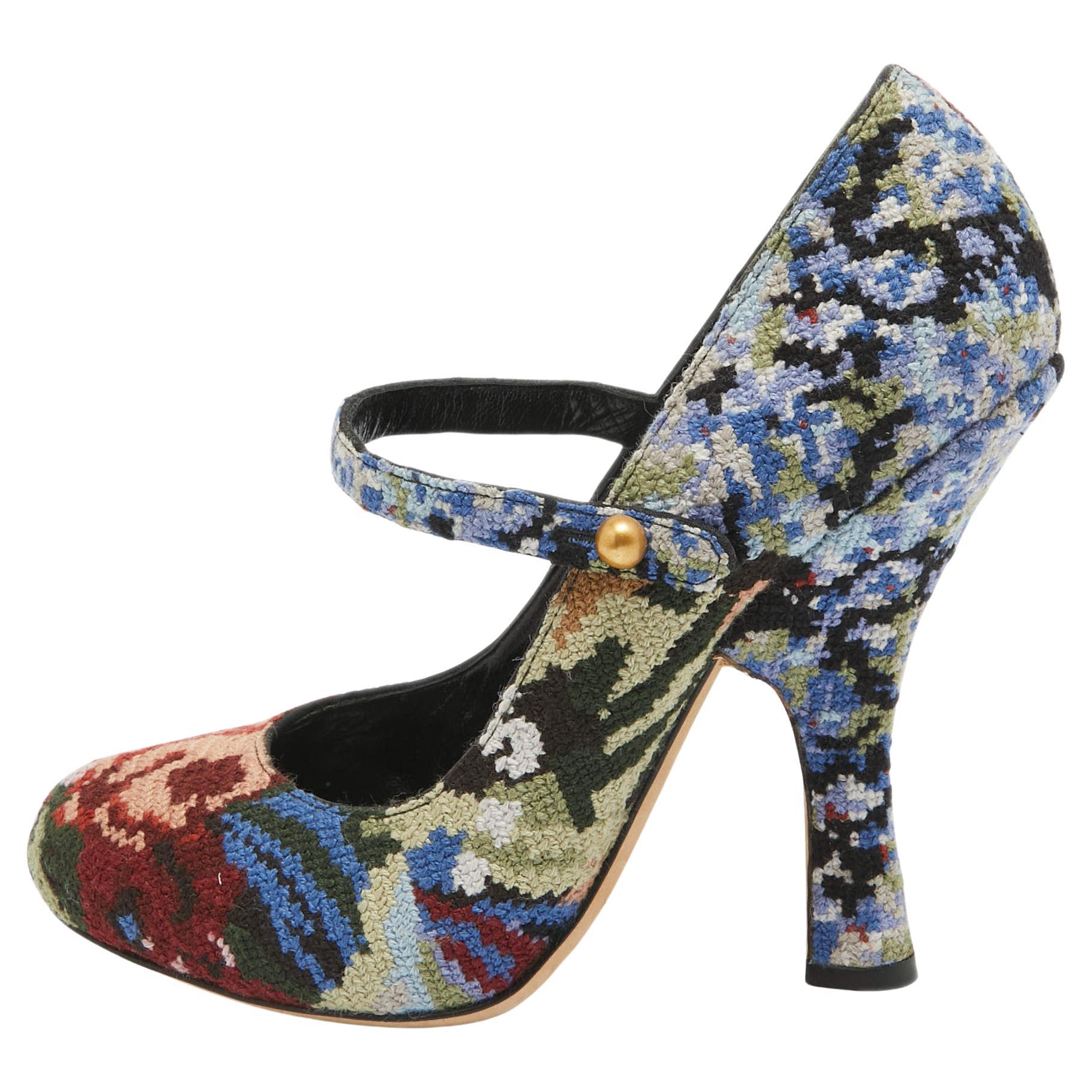 Dolce & Gabbana Multicolor Knit Fabric Floral Print Block Heel Pumps Size 38 For Sale