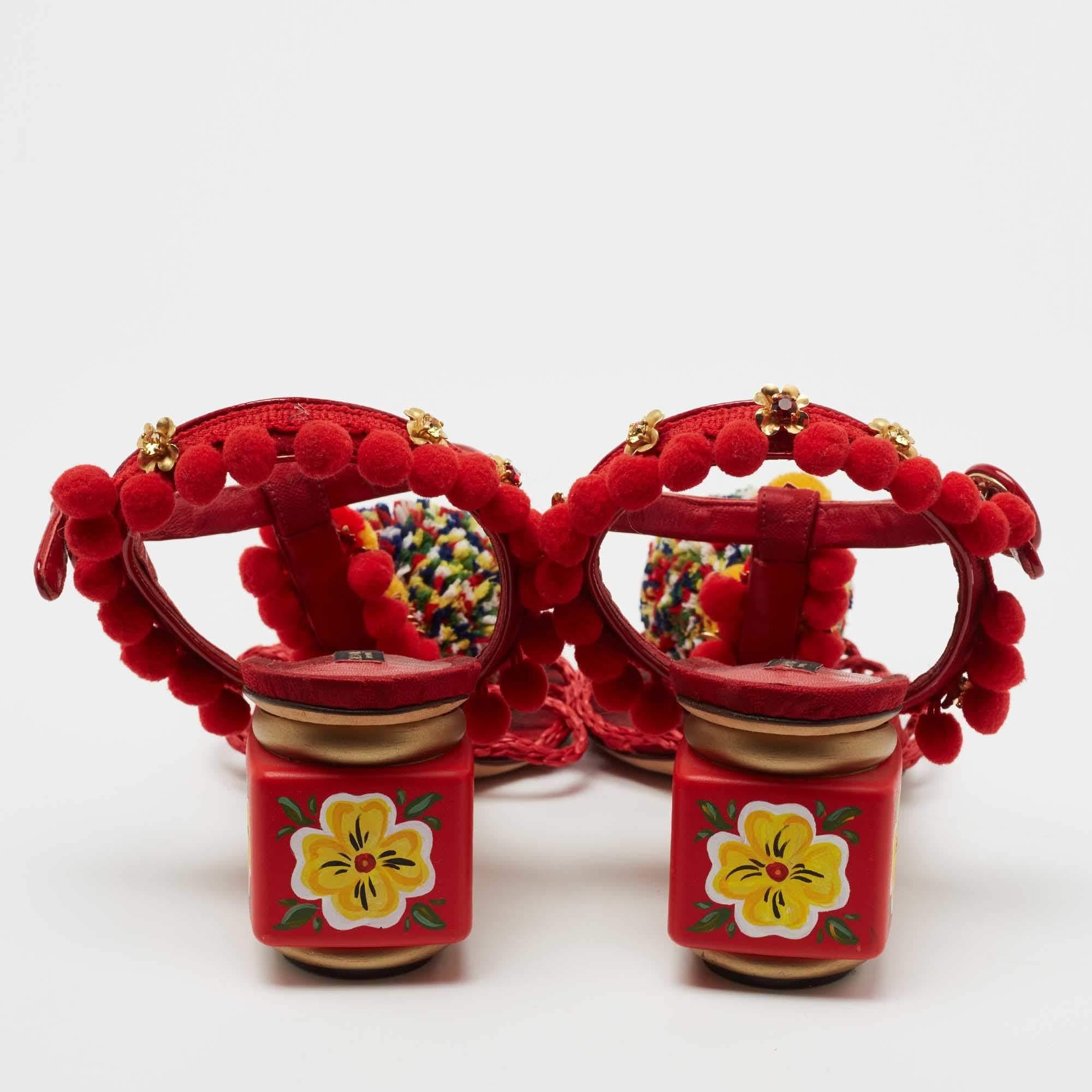 Red Dolce & Gabbana Multicolor Leather and Fabric Pom Pom Sandals Size 39 For Sale