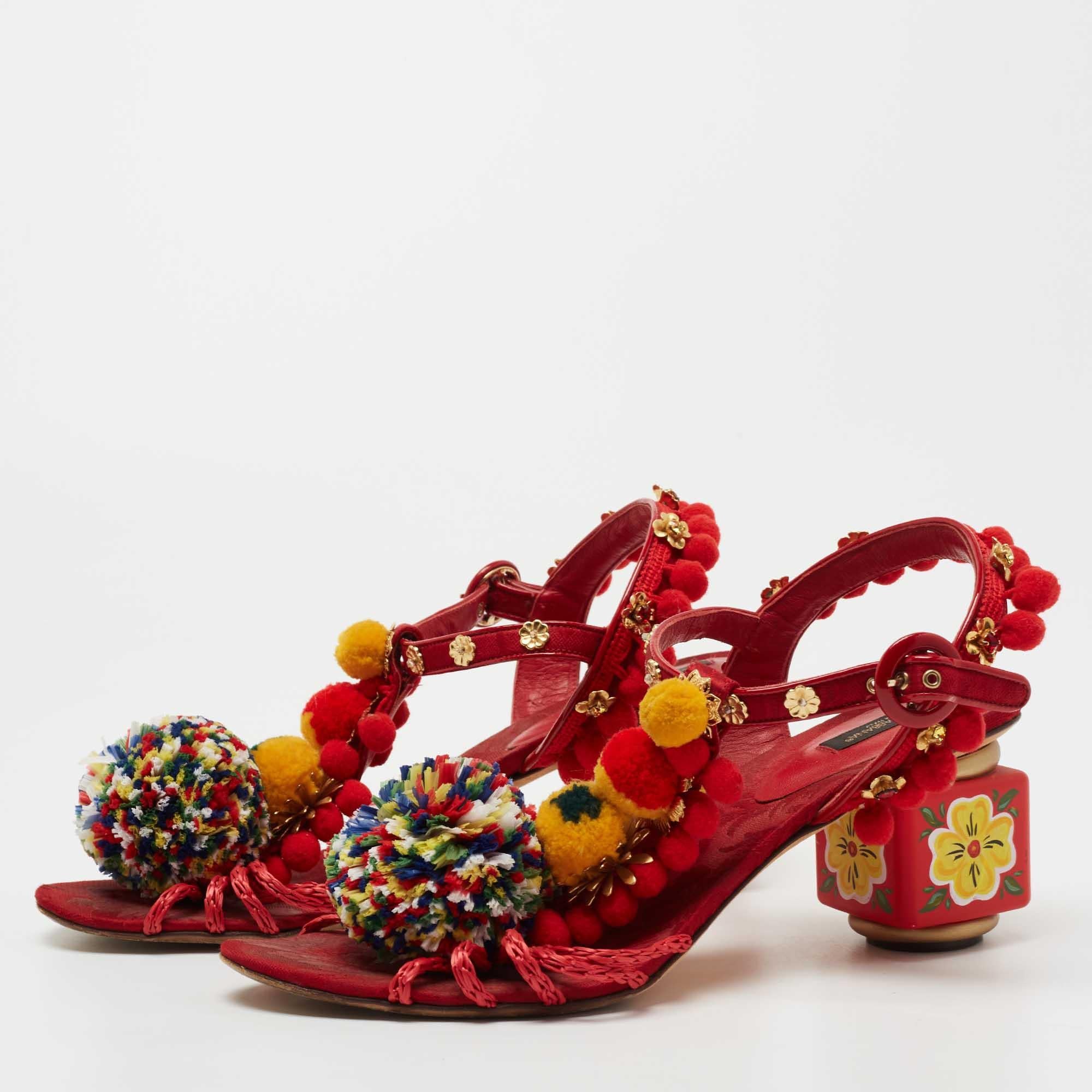 Dolce & Gabbana Multicolor Leather and Fabric Pom Pom Sandals Size 39 For Sale 3