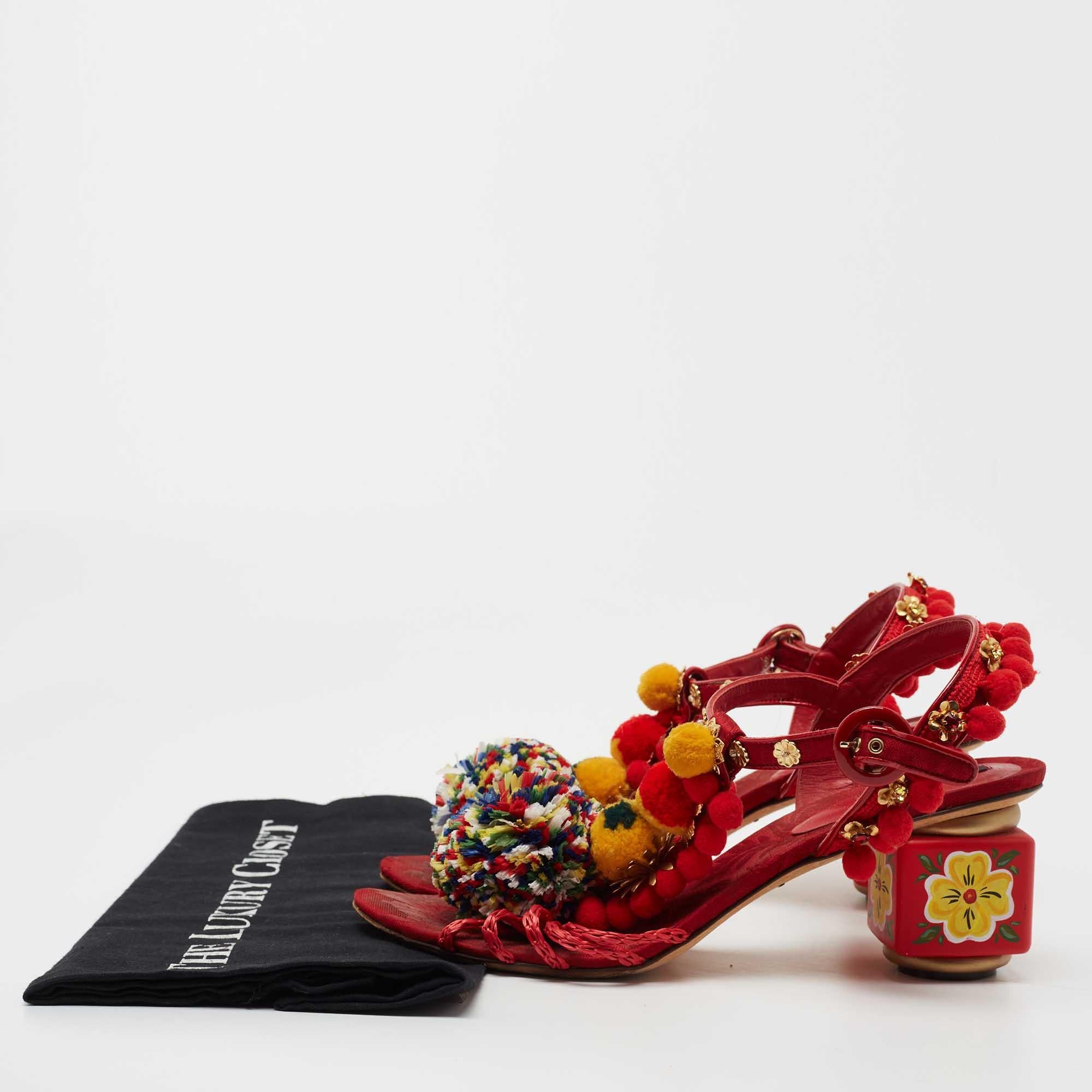 Dolce & Gabbana Multicolor Leather and Fabric Pom Pom Sandals Size 39 4