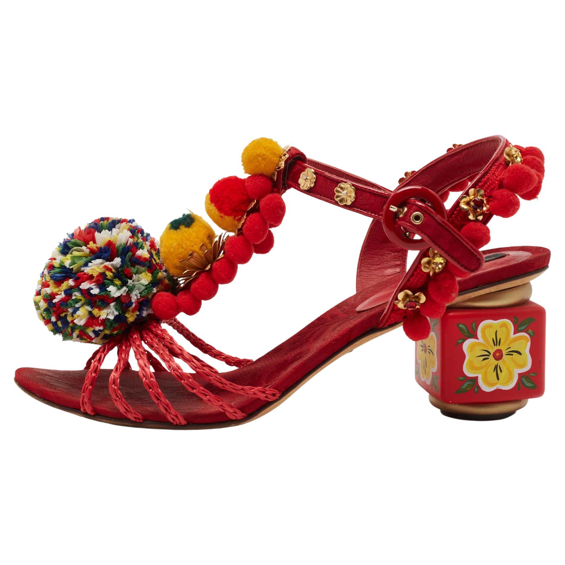 Dolce & Gabbana Multicolor Leather and Fabric Pom Pom Sandals Size 39 For Sale
