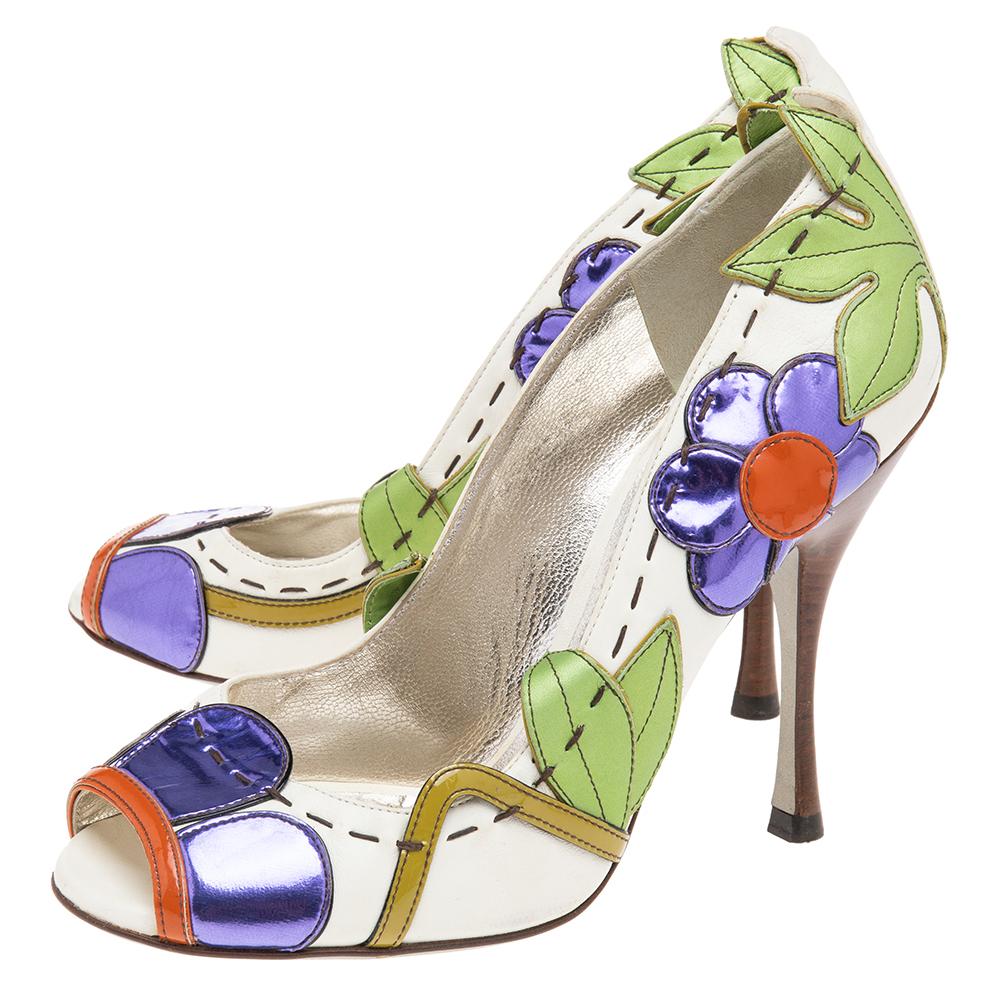 Dolce & Gabbana Multicolor Leather Floral Peep Toe Pumps 37 1