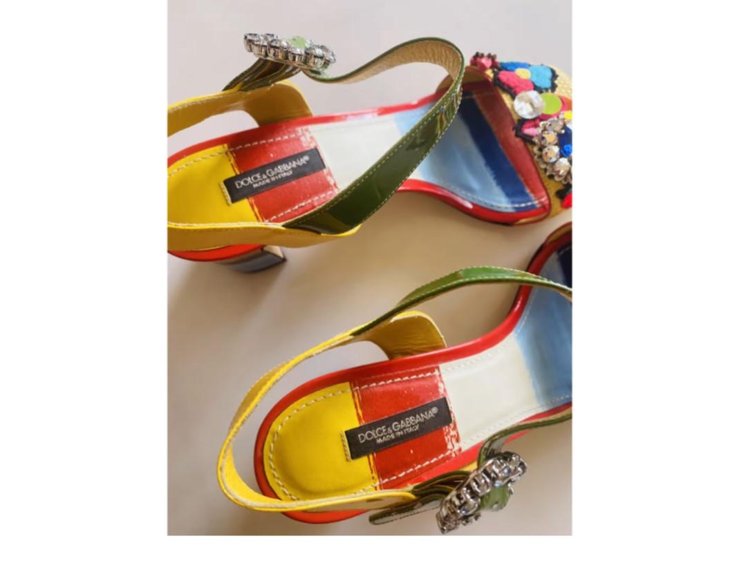 Dolce & Gabbana Multicolor Leather Floral Shoes Sandals Heels Crystals Flowers In Good Condition In WELWYN, GB