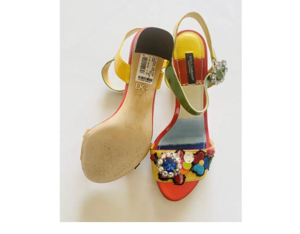 Women's Dolce & Gabbana Multicolor Leather Floral Shoes Sandals Heels Crystals Flowers