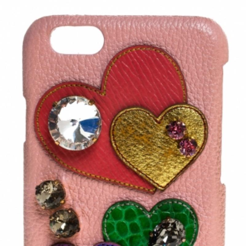 Dolce & Gabbana Mehrfarbiges iPhone 6S Etui aus Leder mit Herzkristallverzierung und Kristallverzierung (Braun) im Angebot