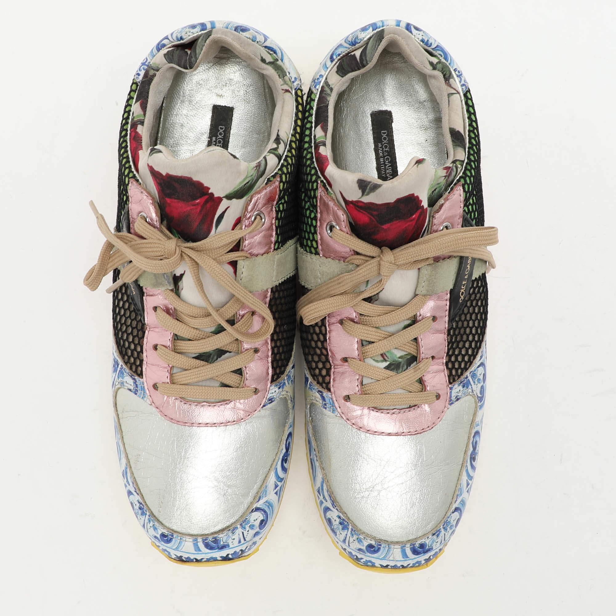 Dolce & Gabbana Zapatillas bajas de cuero multicolor con mezcla de malla talla 40 Beige en venta
