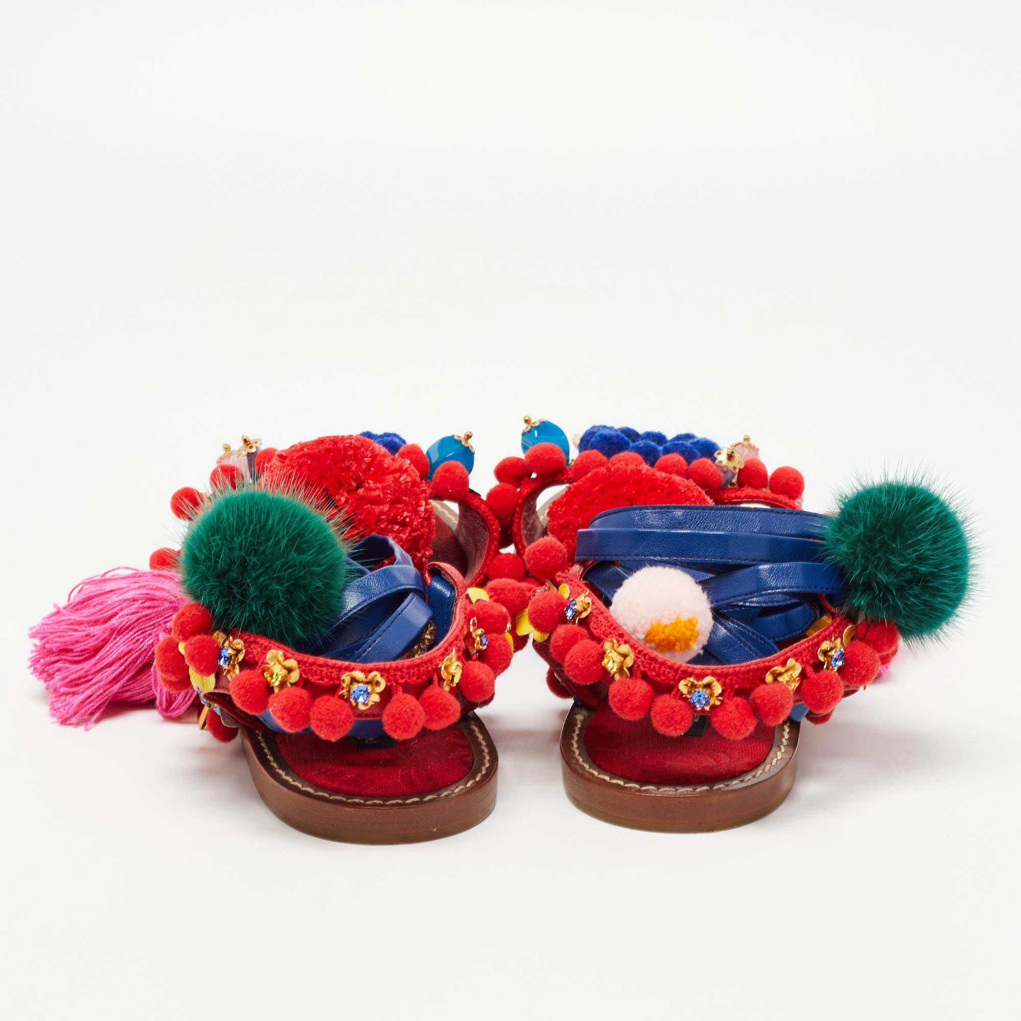 Red Dolce & Gabbana Multicolor Leather Pom Pom and Embellished Ankle Tie Flat Sandal