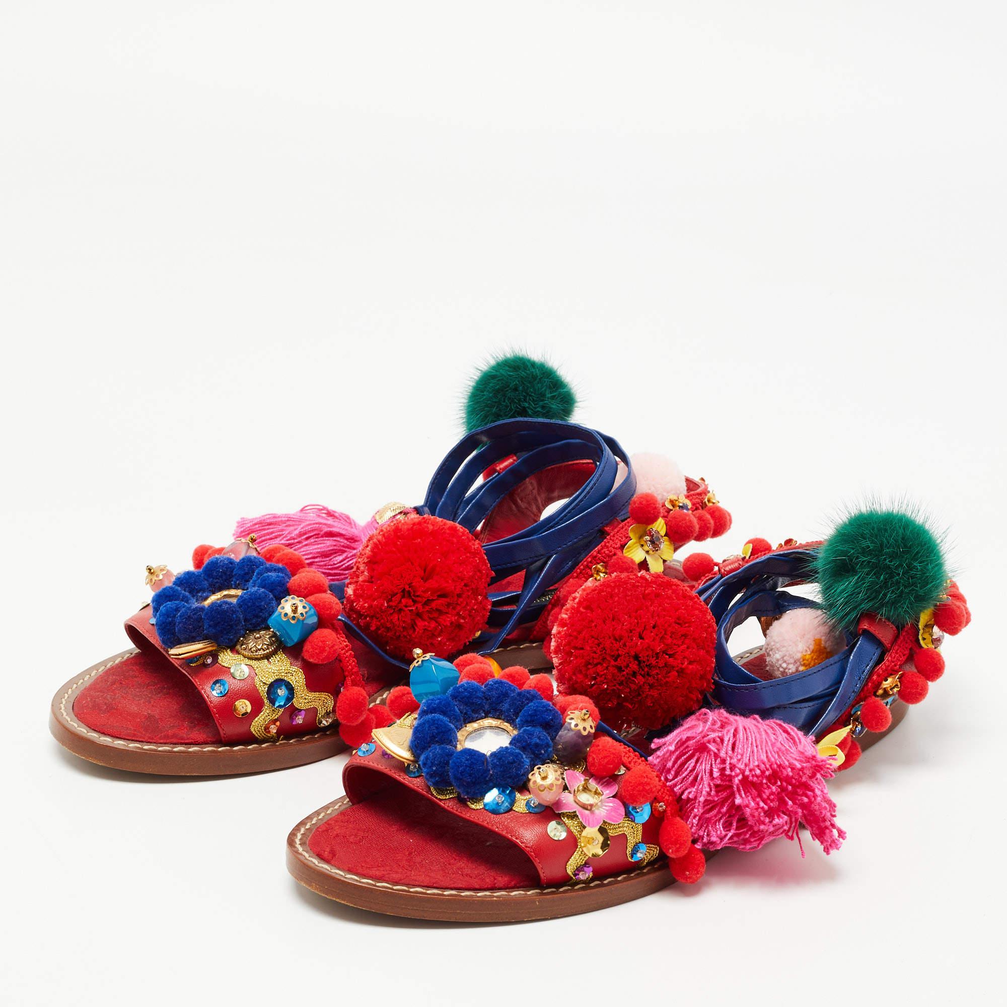 Dolce & Gabbana Multicolor Leather Pom Pom and Embellished Ankle Tie Flat Sandal In Good Condition In Dubai, Al Qouz 2