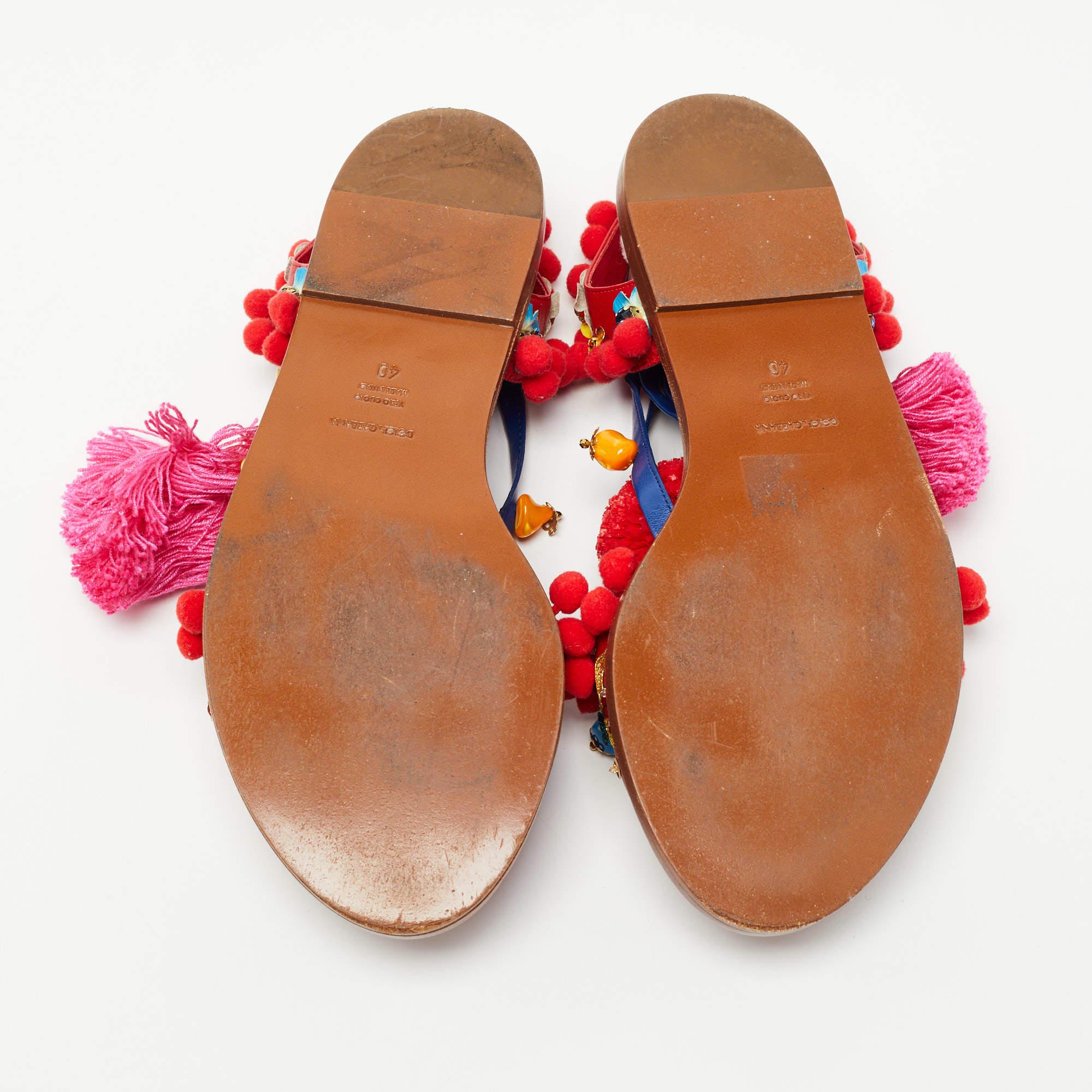 Dolce & Gabbana Multicolor Leather Pom Pom and Embellished Ankle Tie Flat Sandal 3