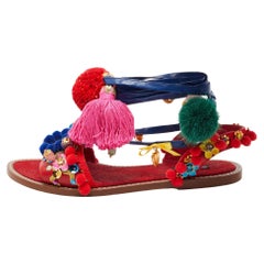 Dolce & Gabbana Multicolor Leather Pom Pom and Embellished Ankle Tie Flat Sandal