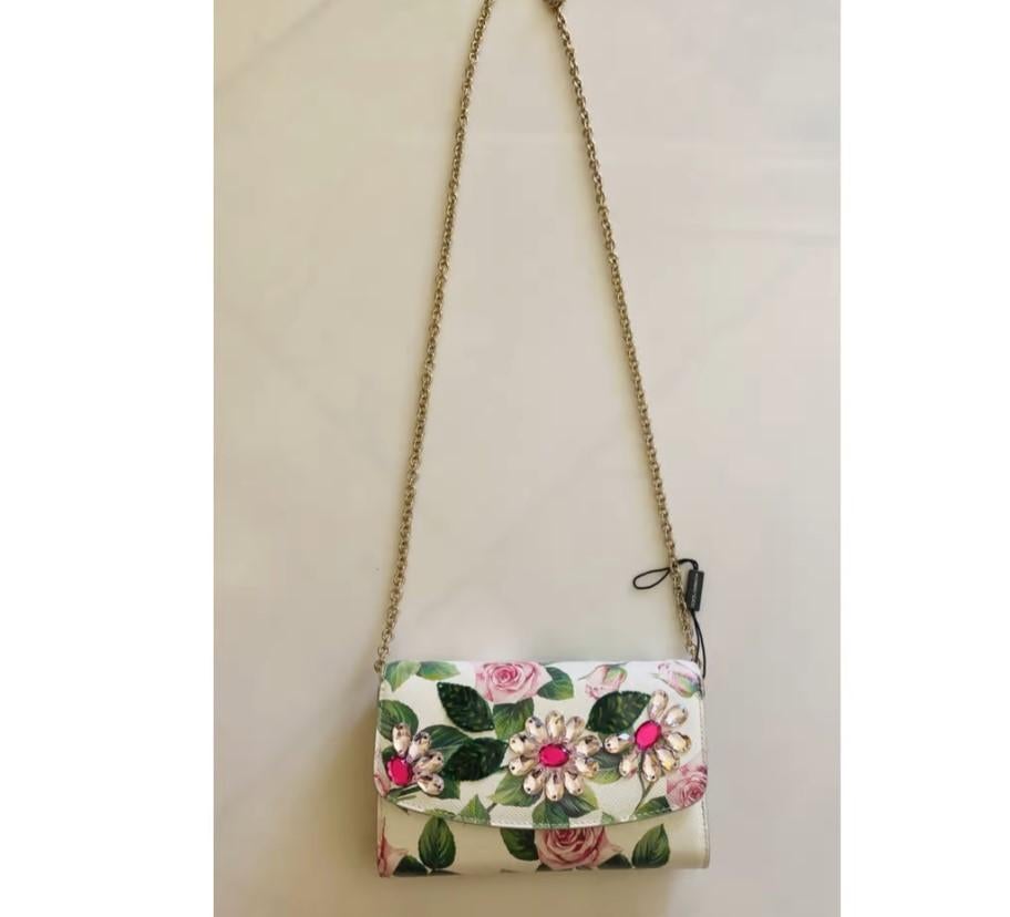 Dolce & Gabbana Multicolor Leder Rose Floral DG Damen Handtasche Umhängetasche (Beige)