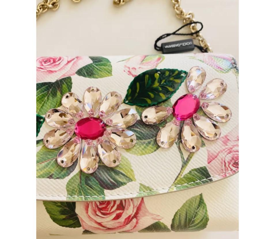Beige Dolce & Gabbana Multicolor Leather Rose Floral DG Girls Handbag Shoulder Bag 