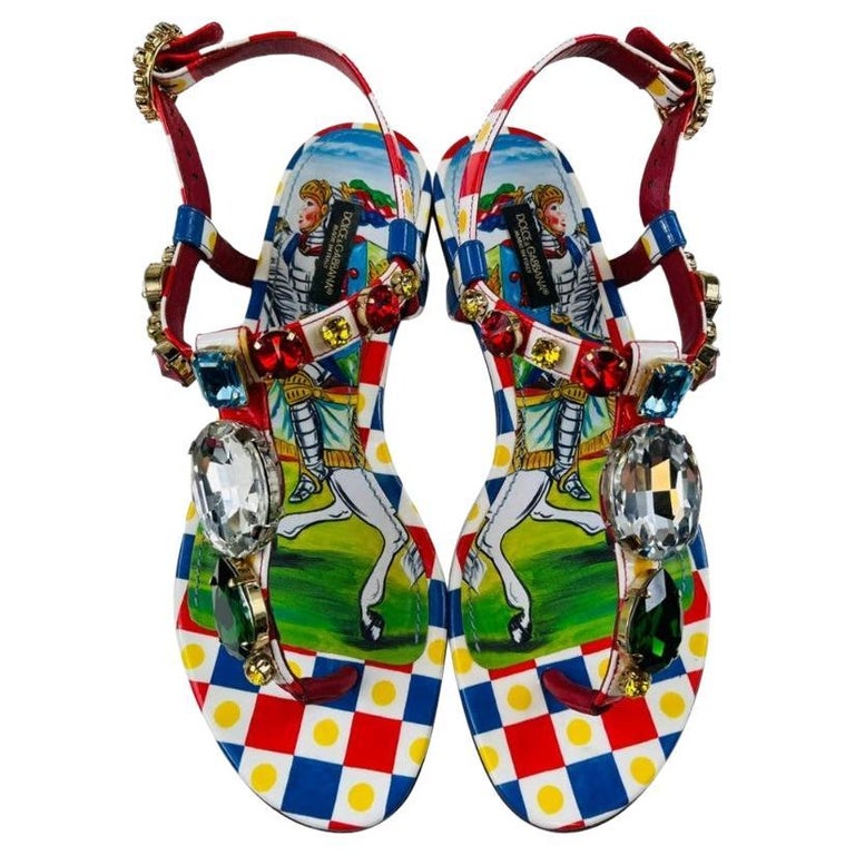 Dolce and Gabbana Multicolor Leather Sicily Carretto Shoes Sandals Flats  Crystals For Sale at 1stDibs