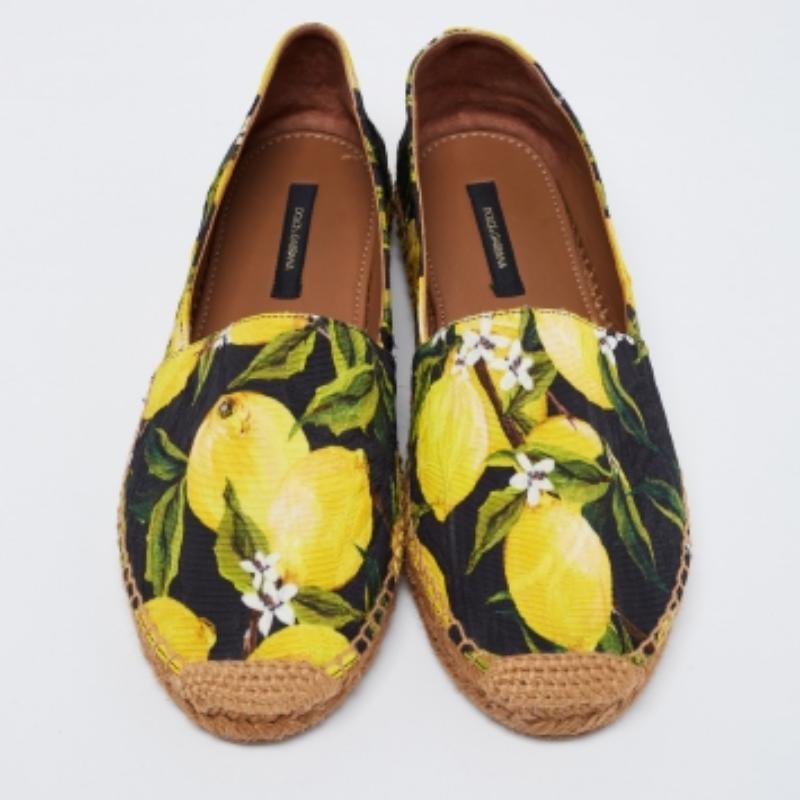 Women's Dolce & Gabbana Multicolor Lemon Print Fabric Platform Espadrille Flats Size 40 For Sale