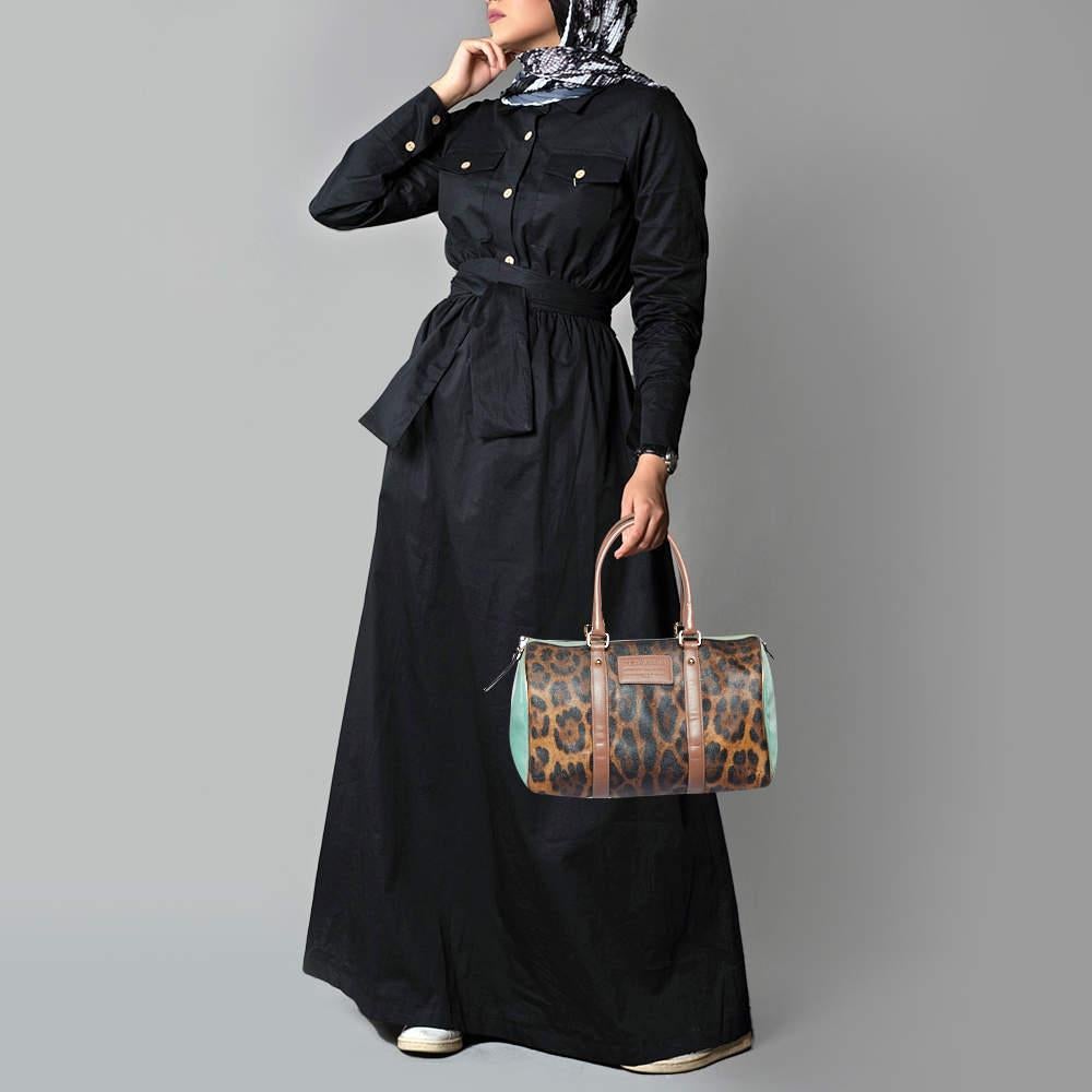 Dolce & Gabbana Multicolor Leopard Coated Canvas and Leather Miss Escape Boston  In Good Condition For Sale In Dubai, Al Qouz 2