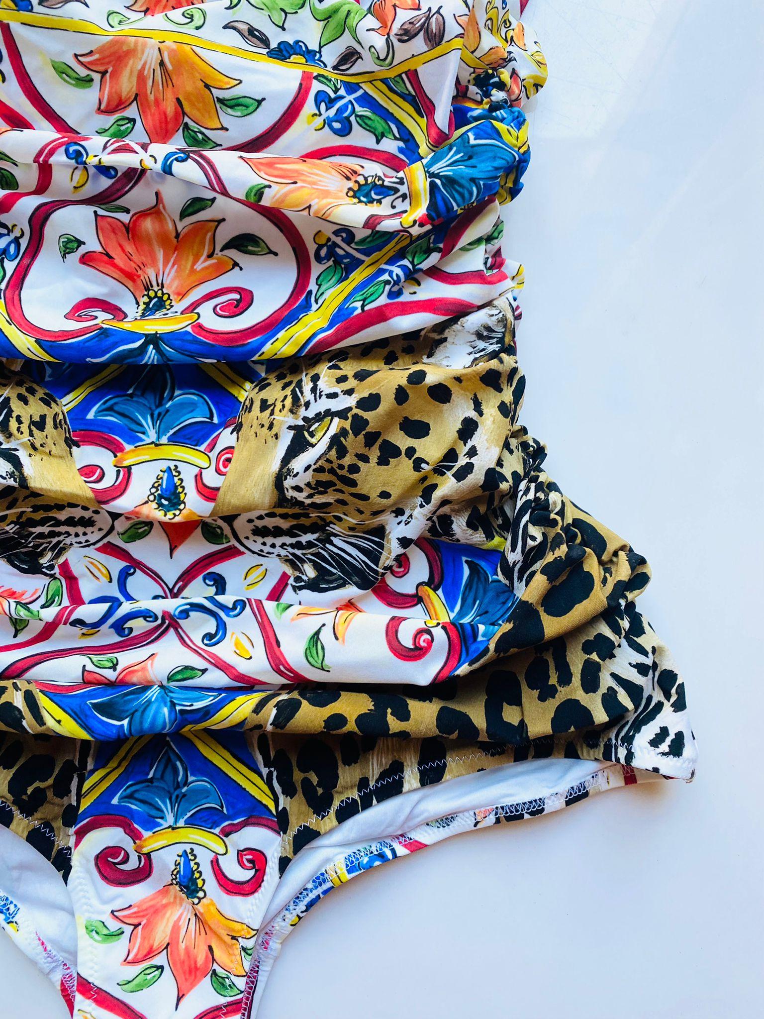 Brown Dolce & Gabbana Multicolor Leopard Maiolica Swimsuit Bikini Swimwear Beachwear  For Sale