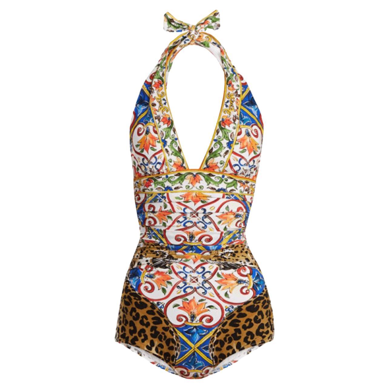 Dolce & Gabbana Multicolor Leopard Maiolica Swimsuit Bikini Swimwear Beachwear  For Sale