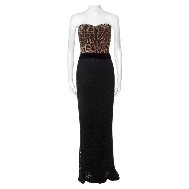 Dolce & Gabbana Multicolor Leopard Print and Lace Strapless Maxi Corset Dress S