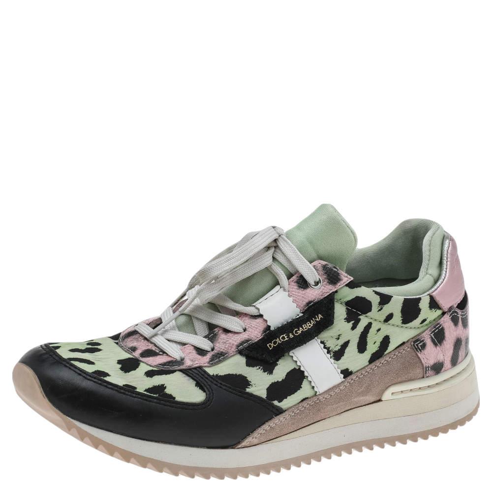 Gray Dolce & Gabbana Multicolor Leopard Print Canvas And Leather Low Top Sneakers Siz For Sale