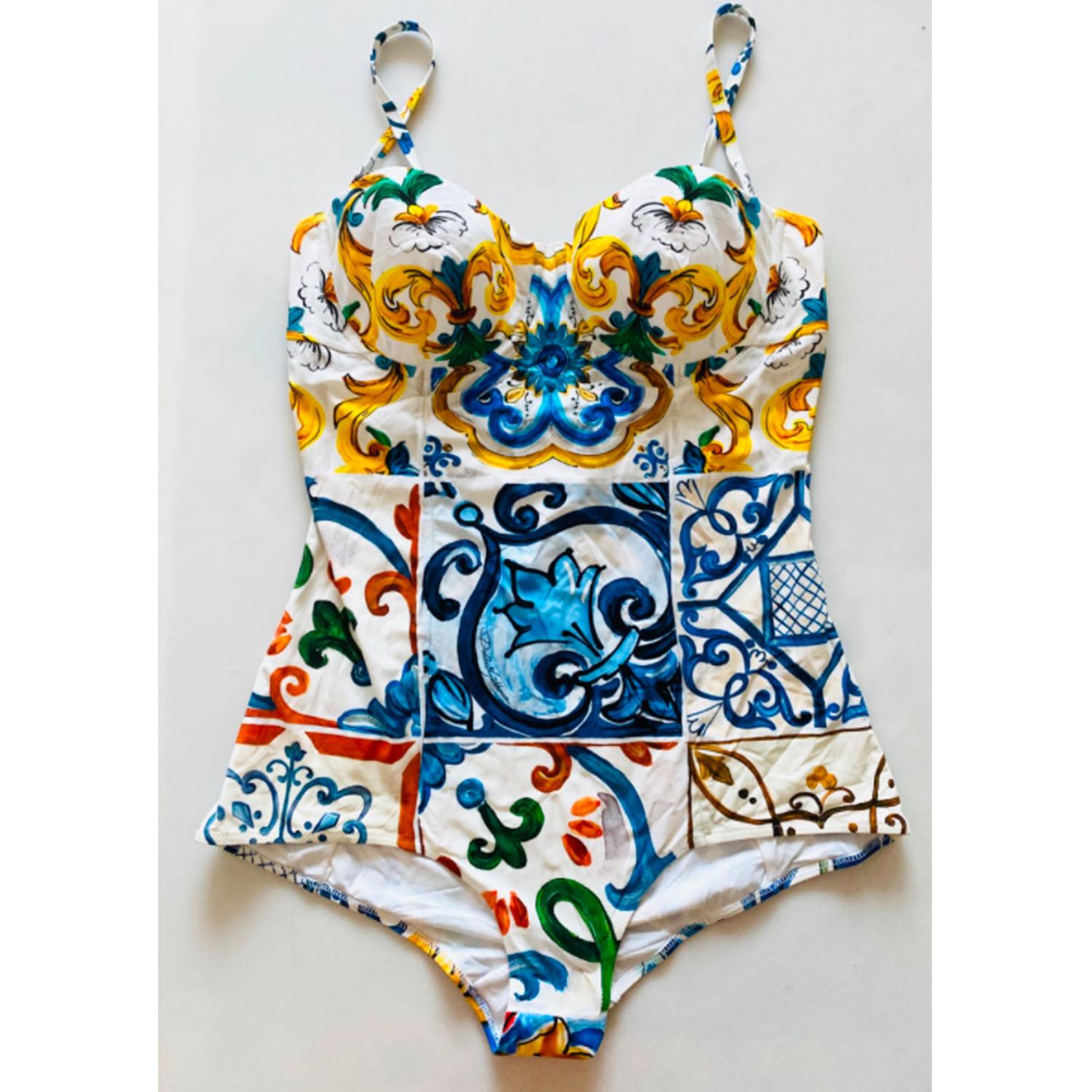 Dolce & Gabbana Multicolor Maiolica Flowers Swimsuit Bikini Swimwear Beachwear  In New Condition In WELWYN, GB