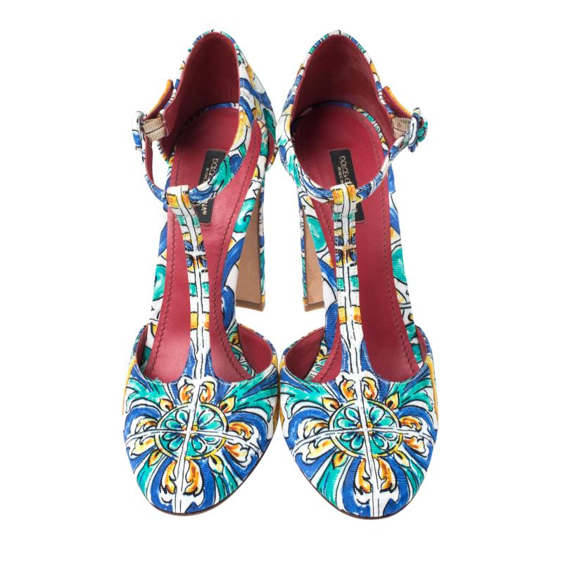 Gray Dolce & Gabbana Multicolor Majolica Print Brocade Ankle Strap Pumps Size 40