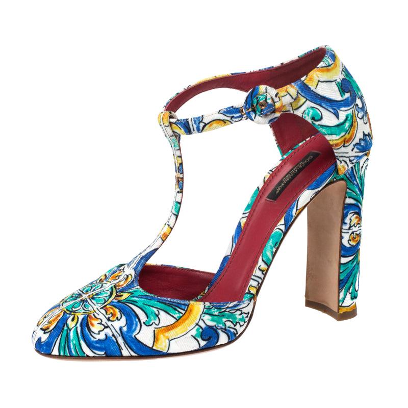 Dolce & Gabbana Multicolor Majolica Print Brocade Ankle Strap Pumps Size 40