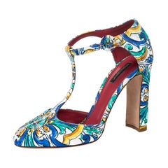 Dolce & Gabbana Multicolor Majolika Druck Brokat Knöchelriemen Pumps Größe 40