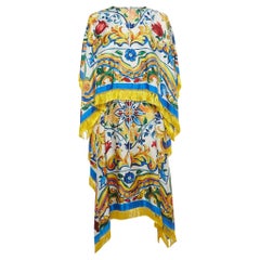 Dolce & Gabbana Mehrfarbiges Seidenkleid mit Majolika-Druck und Fransen M