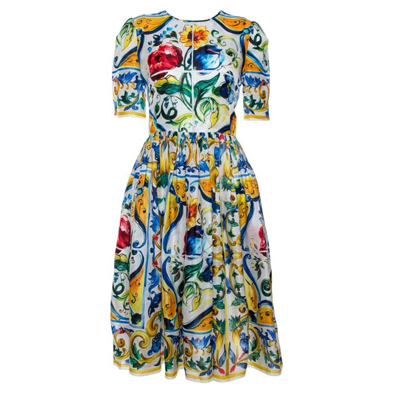 Dolce and Gabbana Multicolor Majolica Print Silk Organza Midi Dress M For  Sale at 1stDibs