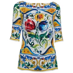 Dolce & Gabbana Multicolor Majolica Print Silk Three Quarter Sleeve Top M