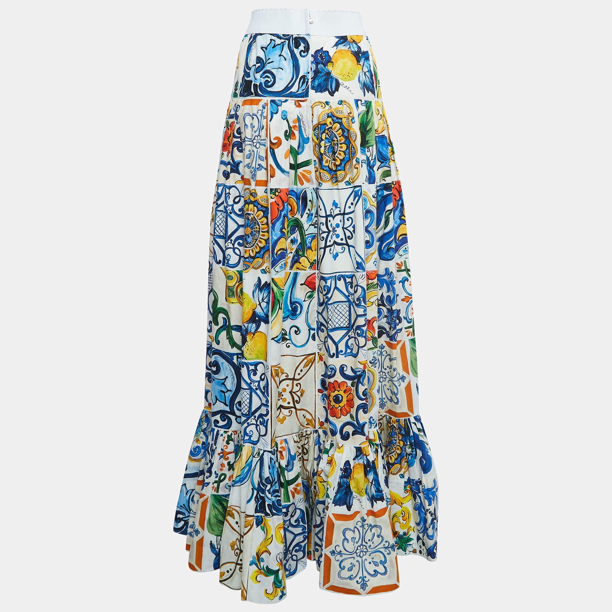 Women's Dolce & Gabbana Multicolor Majolica Print Tiered Cotton Maxi Skirt XS