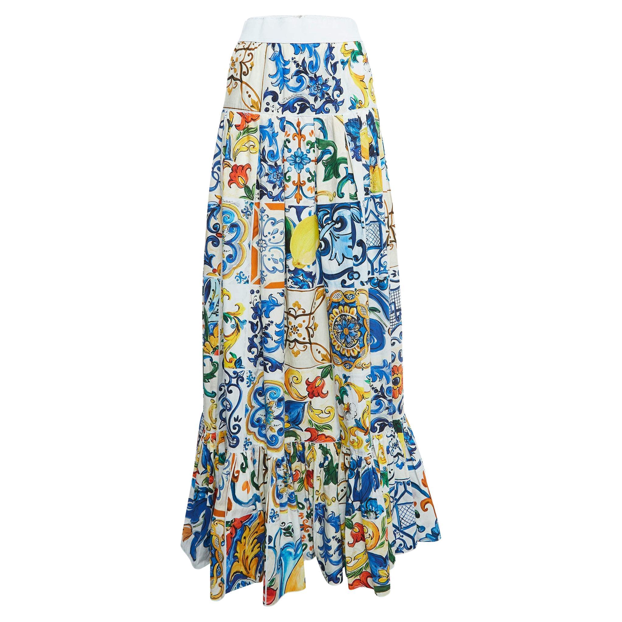 Dolce & Gabbana Multicolor Majolica Print Tiered Cotton Maxi Skirt XS