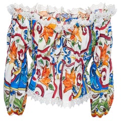 Dolce & Gabbana Multicolor Majolica Printed Cotton Lace Detail Off Shoulder Top