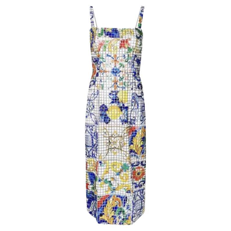 Dolce & Gabbana Multicolor Majolica Tile Midi Dress Mid-length Maiolica Flower For Sale