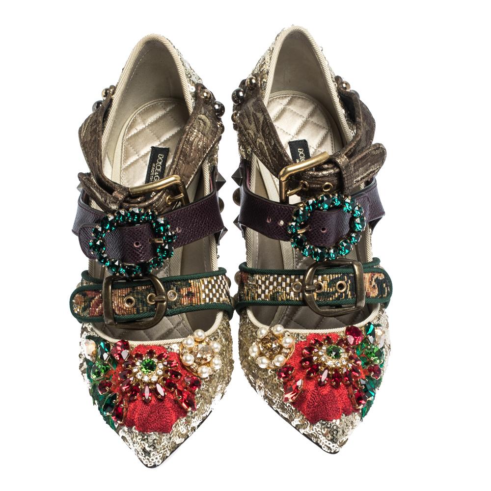 Everything about these Mixed Media pumps from Dolce & Gabbana is charming and impressive. They are covered in multicolored sequins all over and feature a Mary-Jane silhouette with triple straps across the uppers. Further, the pair is enhanced with