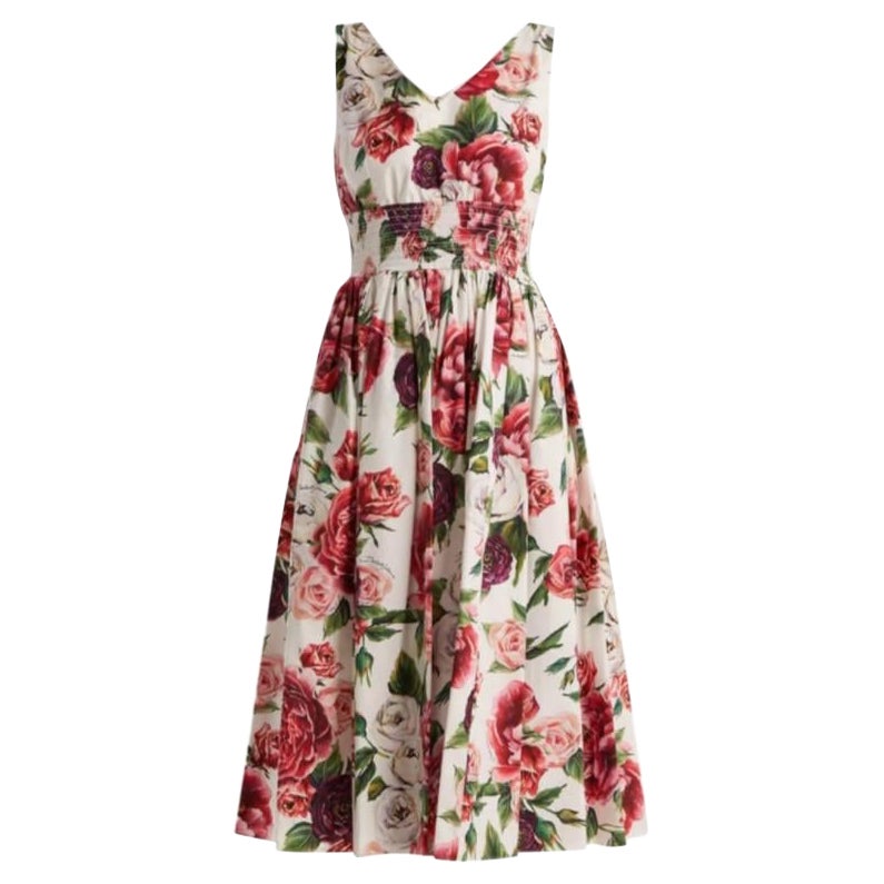 Dolce & Gabbana Multicolor Peony Rose Cotton Mid Length Dress Pink Floral