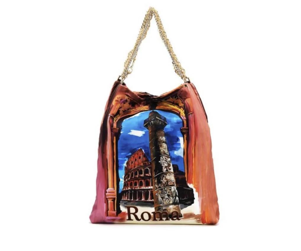 Women's Dolce & Gabbana Multicolor Pink Blue Silk Roma Shopping Bag Tote Handbag DG  For Sale